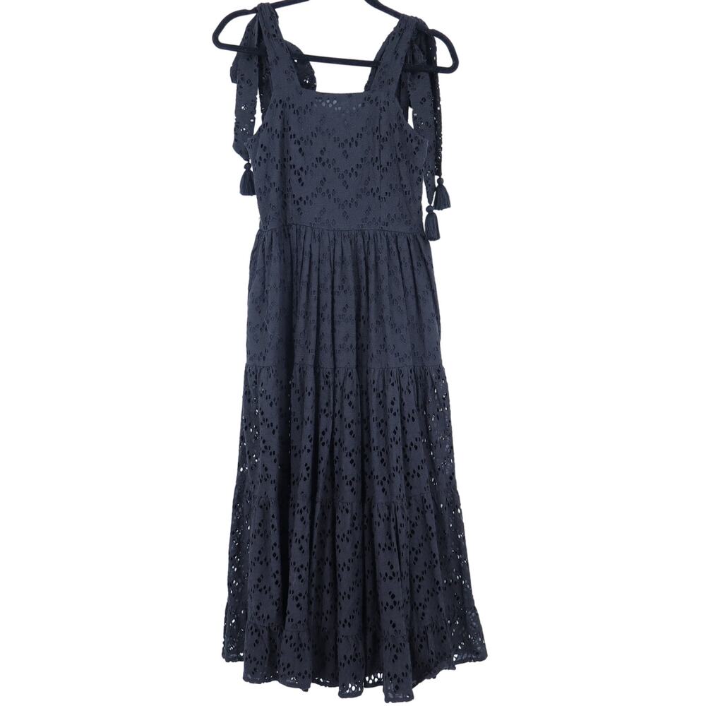 Mille Floral Eyelet Maxi Dress Black NWT Cotton Tasseled Tie Strap Women's XXS